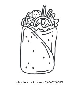 Shawarma in doodle style. Vector black and white hand drawn illustration. Food object isolated on white background. Food icons. Junk food line art.