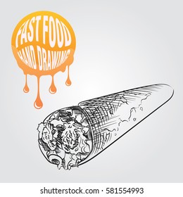 shawarma hand drawn sketch isolated on white background and yellow blob with drops. Fast food sketch elements vector illustration