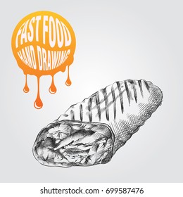 shawarma hand drawn sketch isolated on white background and yellow blob with drops. Fast food sketch elements vector illustration