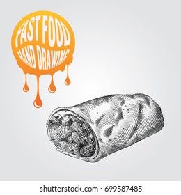 shawarma hand drawn sketch isolated on white background and yellow blob with drops. Fast food sketch elements vector illustration