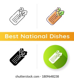 Shawarma icon. Arabian fast food. Meat wrapped with lettuce. Mexican taco. Traditional cuisine. National dish. Meal for lunch. Linear black and RGB color styles. Isolated vector illustrations