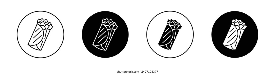 Shawarma Icon Set. Burrito Grill Food Wrap Vector Symbol in a Black Filled and Outlined Style. Chicken Arabic Wrap Roll Sign.