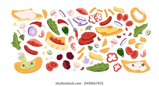 Juego de ingredientes Shawarma. Diferentes bienes para cocinar comida callejera. Varios trozos de carne, rebanadas de verduras, tortilla para preparar el kebab doner. Receta de Shaurma. Ilustración vectorial aislada plana en blanco