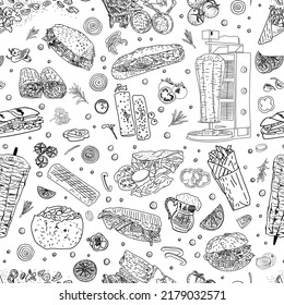 Shawarma Kebab pattern fast food. Seamless pattern. Concept of doner kebab, street food, barbecue, cuisine. Vintage design template, banner. Fresh vegetables. Vector hand drawn sketch illustration.