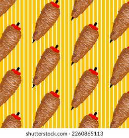 Shawarma Kebab pattern fast food. Seamless pattern. Concept of doner kebab, street food, barbecue, cuisine. Vintage design template, banner. Fresh vegetables. Vector hand drawn sketch illustration.