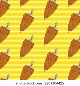 Shawarma Kebab pattern fast food. Seamless pattern. Concept of doner kebab, street food, barbecue, cuisine. Vintage design template, banner. Fresh vegetables. Vector hand drawn sketch illustration.
