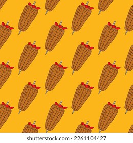 Shawarma Kebab pattern fast food. Seamless pattern. Concept of doner kebab, street food, barbecue, cuisine. Vintage design template, banner. Fresh vegetables. Vector hand drawn sketch illustration.