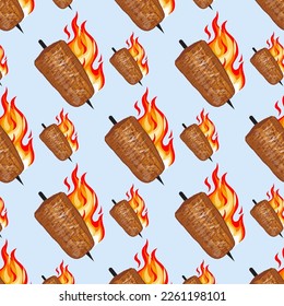 Shawarma Kebab pattern fast food. Seamless pattern. Concept of doner kebab, street food, barbecue, cuisine. Vintage design template, banner. Fresh vegetables. Vector hand drawn sketch illustration.