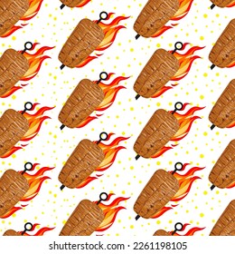 Shawarma Kebab pattern fast food. Seamless pattern. Concept of doner kebab, street food, barbecue, cuisine. Vintage design template, banner. Fresh vegetables. Vector hand drawn sketch illustration.