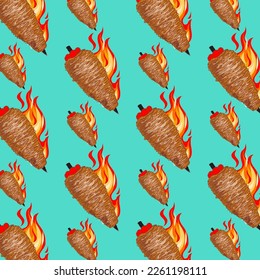 Shawarma Kebab pattern fast food. Seamless pattern. Concept of doner kebab, street food, barbecue, cuisine. Vintage design template, banner. Fresh vegetables. Vector hand drawn sketch illustration.