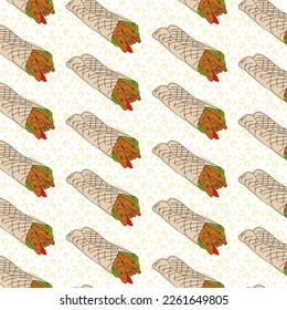Shawarma Kebab pattern fast food. Seamless pattern. Concept of doner kebab, street food, barbecue, cuisine. Vintage design template, banner. Fresh vegetables. Vector hand drawn sketch illustration.