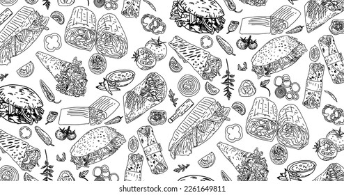 Shawarma Kebab pattern fast food. Seamless pattern. Concept of doner kebab, street food, barbecue, cuisine. Vintage design template, banner. Fresh vegetables. Vector hand drawn sketch illustration.