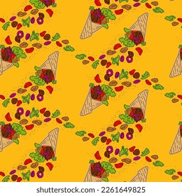 Shawarma Kebab pattern fast food. Seamless pattern. Concept of doner kebab, street food, barbecue, cuisine. Vintage design template, banner. Fresh vegetables. Vector hand drawn sketch illustration.