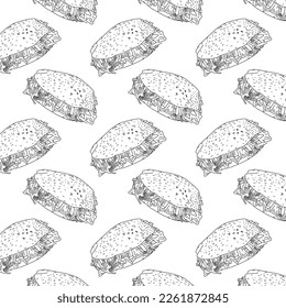 Shawarma Kebab pattern fast food. Seamless pattern. Concept of doner kebab, street food, barbecue, cuisine. Vintage design template, banner. Fresh vegetables. Vector hand drawn sketch illustration.