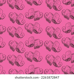 Shawarma Kebab pattern fast food. Seamless pattern. Concept of doner kebab, street food, barbecue, cuisine. Vintage design template, banner. Fresh vegetables. Vector hand drawn sketch illustration.