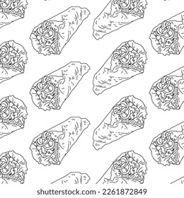 Shawarma Kebab pattern fast food. Seamless pattern. Concept of doner kebab, street food, barbecue, cuisine. Vintage design template, banner. Fresh vegetables. Vector hand drawn sketch illustration.