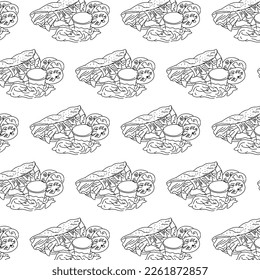 Shawarma Kebab pattern fast food. Seamless pattern. Concept of doner kebab, street food, barbecue, cuisine. Vintage design template, banner. Fresh vegetables. Vector hand drawn sketch illustration.