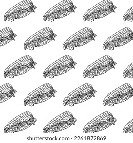 Shawarma Kebab pattern fast food. Seamless pattern. Concept of doner kebab, street food, barbecue, cuisine. Vintage design template, banner. Fresh vegetables. Vector hand drawn sketch illustration.