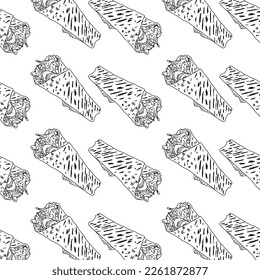 Shawarma Kebab pattern fast food. Seamless pattern. Concept of doner kebab, street food, barbecue, cuisine. Vintage design template, banner. Fresh vegetables. Vector hand drawn sketch illustration.