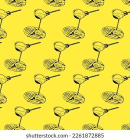 Shawarma Kebab pattern fast food. Seamless pattern. Concept of doner kebab, street food, barbecue, cuisine. Vintage design template, banner. Fresh vegetables. Vector hand drawn sketch illustration.