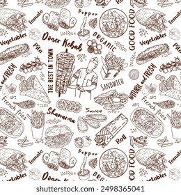 Shawarma Kebab pattern fast food. Concept of doner kebab, street food, barbecue, cuisine. Vintage design template, banner. Fresh vegetables. Vector hand drawn sketch illustration.