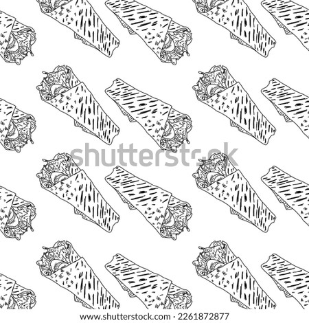 Shawarma Kebab pattern fast food. Seamless pattern. Concept of doner kebab, street food, barbecue, cuisine. Vintage design template, banner. Fresh vegetables. Vector hand drawn sketch illustration.