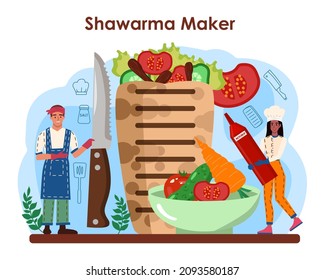 Shawarma maker concept. Chef cooking delicious street food roll with meat, salad and tomato. Kebab fast food cafe. Vector illustration in cartoon style