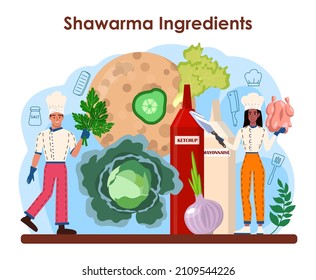 Shawarma maker concept. Chef cooking delicious street food roll with meat, salad and tomato. Kebab fast food cafe. Vector illustration in cartoon style