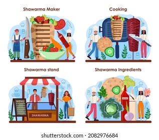 Shawarma maker concept set. Chef cooking delicious street food roll with meat, salad and tomato. Kebab fast food cafe. Vector illustration in cartoon style