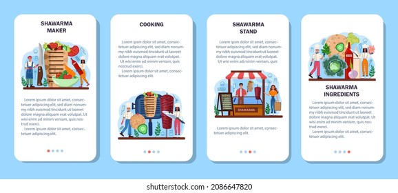 Shawarma maker mobile application banner set. Chef cooking delicious street food roll with meat, salad and tomato. Kebab fast food cafe. Vector illustration in cartoon style