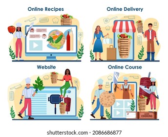 Shawarma maker online service or platform set. Chef cooking delicious street food roll with meat, salad and tomato. Kebab fast food cafe. Online delivery, course, recipe, website. Vector illustration