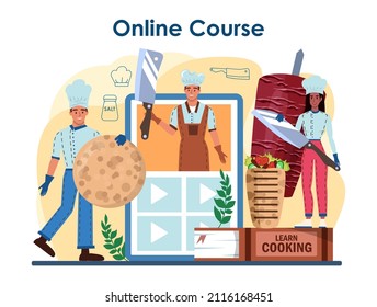 Shawarma maker online service or platform. Chef cooking delicious street food roll with meat, salad and tomato. Kebab fast food cafe. Online course. Flat vector illustration