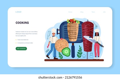Shawarma maker web banner or landing page. Chef cooking delicious street food roll with meat, salad and tomato. Kebab fast food cafe. Vector illustration in cartoon style