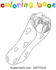 Shawarma with meat, tomato, onion, salad, pita. Coloring book for kids about food. Vector illustration