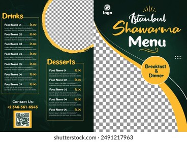 Shawarma menu a4 restaurant cafe template delivery meals food flyer paper vector illustration burger fast food poster pamphlet brochure cover design layout with prices diner kebab