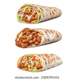 Shawarma menu fried potatoes, falafel, and celery sprouts realistic 3D vector graphics for fast food.

