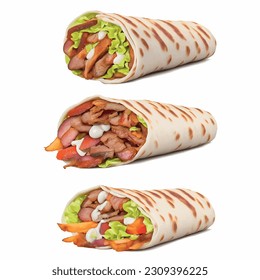 Shawarma menu kebab eggplant, wasabi, lettuce leaf and bull meat realistic 3d vector graphic for fast food.

