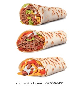 Shawarma menu stuffed with loose meat in sauce with garlic cream and grapes realistic 3D vector graphics for fast food.

