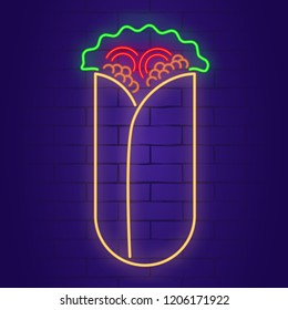 Shawarma neon sign on brick wall background. Light banner. Vector illustration
