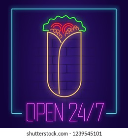 Shawarma neon sign with text OPEN 24/7 on brick wall background. Light banner. Vector illustration
