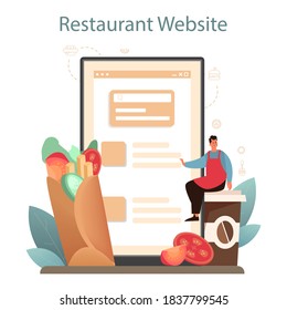 Shawarma online service or platform. Chef cooking delicious roll with meat, salad and tomato. Kebab fast food cafe. Restaurant website. Vector illustration