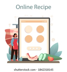 Shawarma online service or platform. Chef cooking delicious roll with meat, salad and tomato. Kebab fast food cafe. Online recipe. Vector illustration