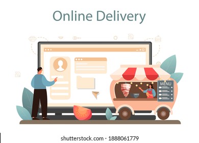 Shawarma online service or platform. Chef cooking delicious roll with meat, salad and tomato. Kebab fast food cafe. Online delivery. Vector illustration