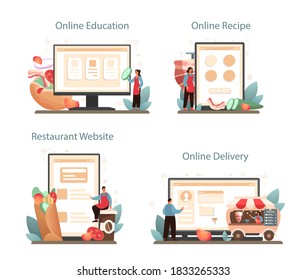 Shawarma online service or platform set. Chef cooking delicious roll with meat, salad and tomato. Kebab fast food cafe. Online education, delivery, recipe, restaurant website. Vector illustration