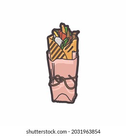 'Shawarma' empacado en papel. Fondo blanco. Vector. 
