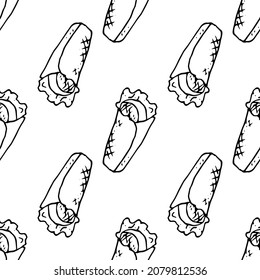 shawarma pattern. seamless pattern of hand-drawn shawarma, meat with greens in a flatbread, isolated contour on white for a menu design template. Retro the doodle shawarma pattern, Mexican 