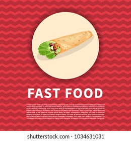 Shawarma poster. Cute colored picture of traditional middle Eastern food. Graphic design elements for menu, advertising. Vector illustration of fast food for bistro, snackbar, cafe or restaurant