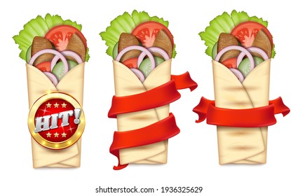 Shawarma promo banner template set, vector isolated illustration. Turkish takeaway fast food. Realistic pita bread roll with chicken, beef meat, vegetables. Doner kebab, burrito. Arabic cuisine.