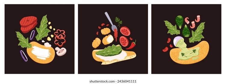 Shawarma recipe cards set. Cooking of shawerma with vegetables, meat, sauce. Preparing of doner kebab. Tortilla rolls with different ingredients. Street food restaurant. Flat vector illustrations