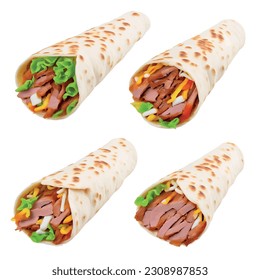 Shawarma for restaurant menu featuring tender pork slices, springy noodles, savory broth, crisp bean sprouts, fragrant sesame seeds, and a touch of tangy soy sauce, is presented in a captivating 3D 